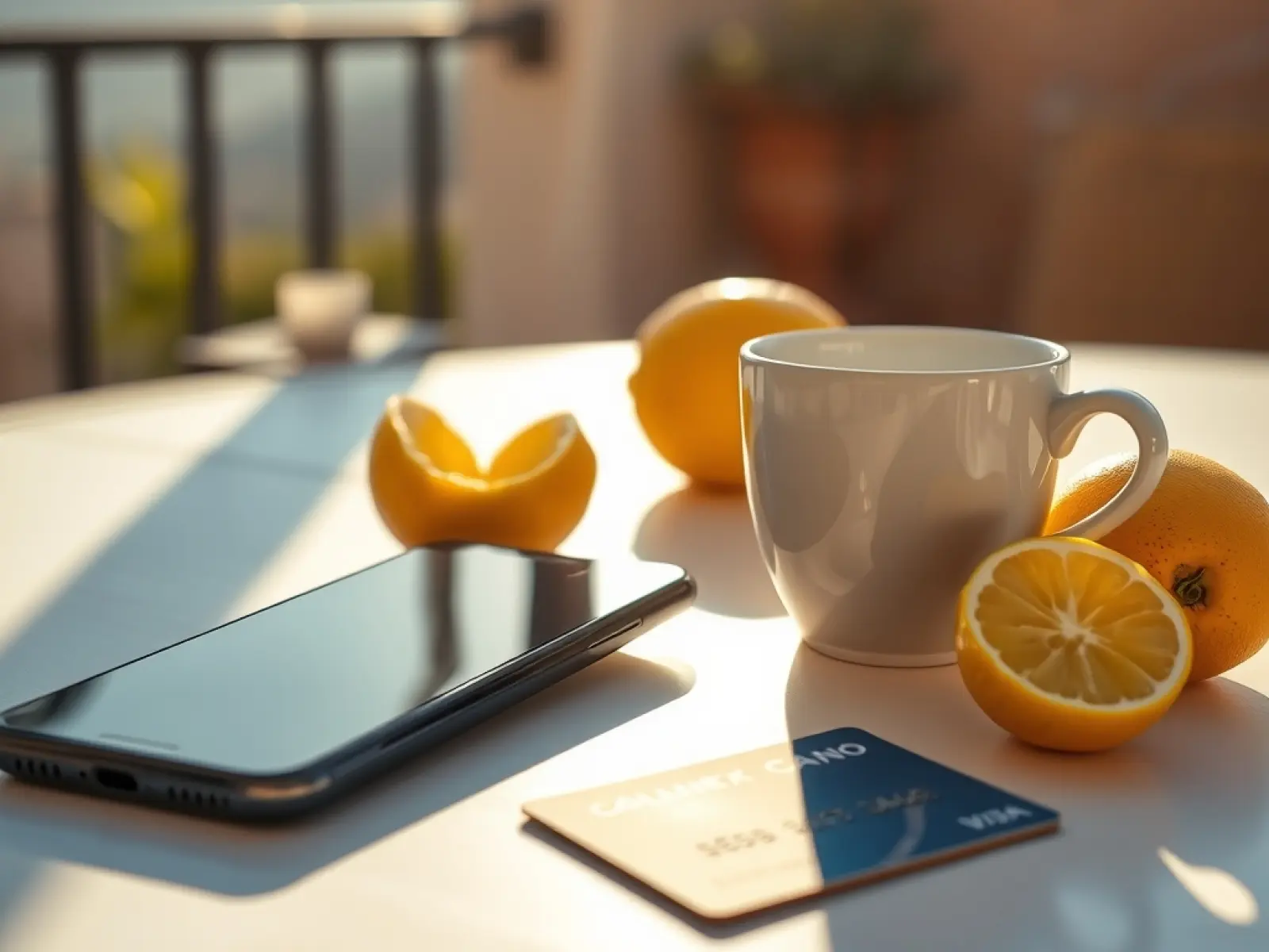 Smartphone und Bankkarte für Nonnaspin Zahlungen auf sonnigem Tisch